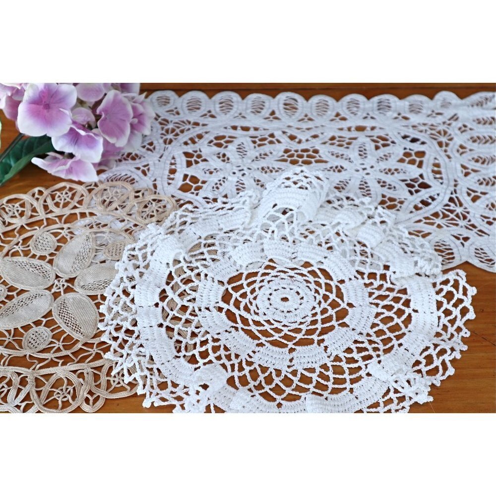 3 Doilies Doily Crocheted Doily White & Tan Vintage Doilies V21